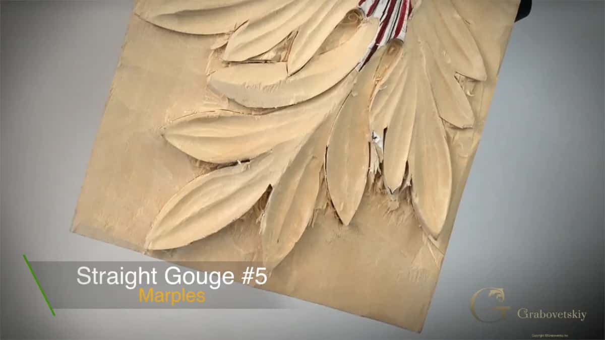 Caption card naming a straight gouge, number 5, over a close view of the undercut lobes