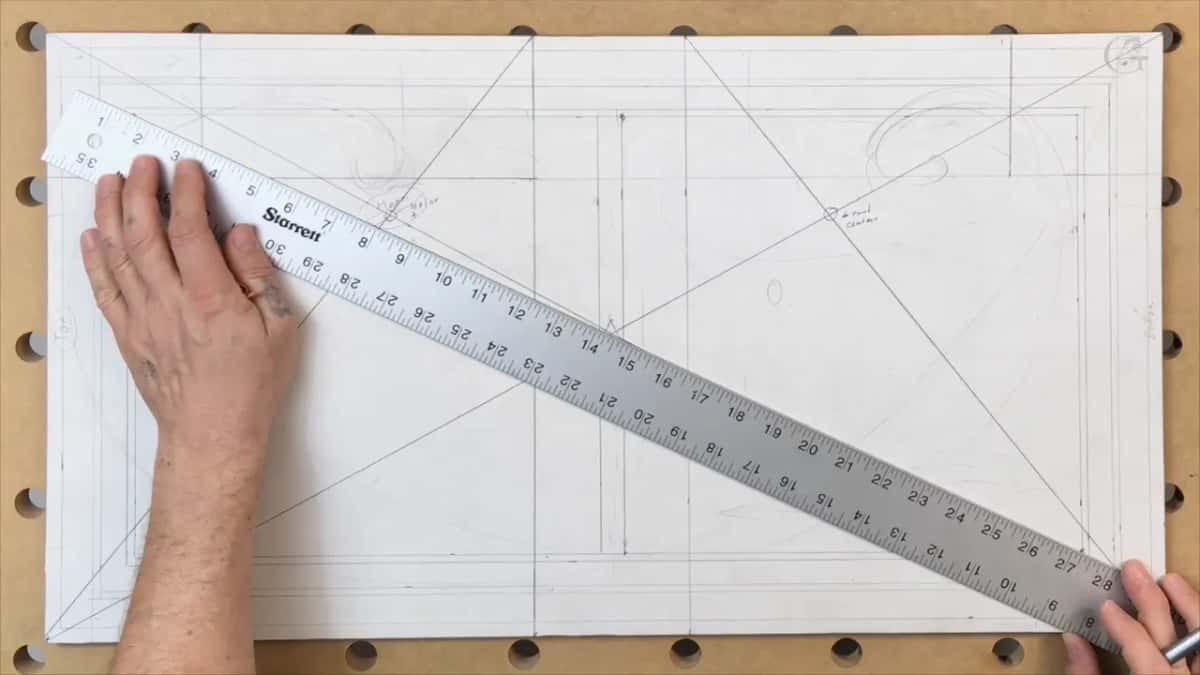 Steel rule running from the left edge to the lower right corner