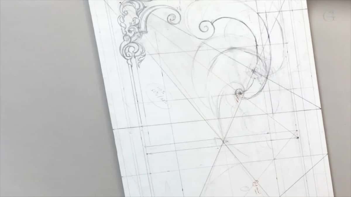 Two big arcs curl down from the top of the drawing and end in a small spiral near the middle