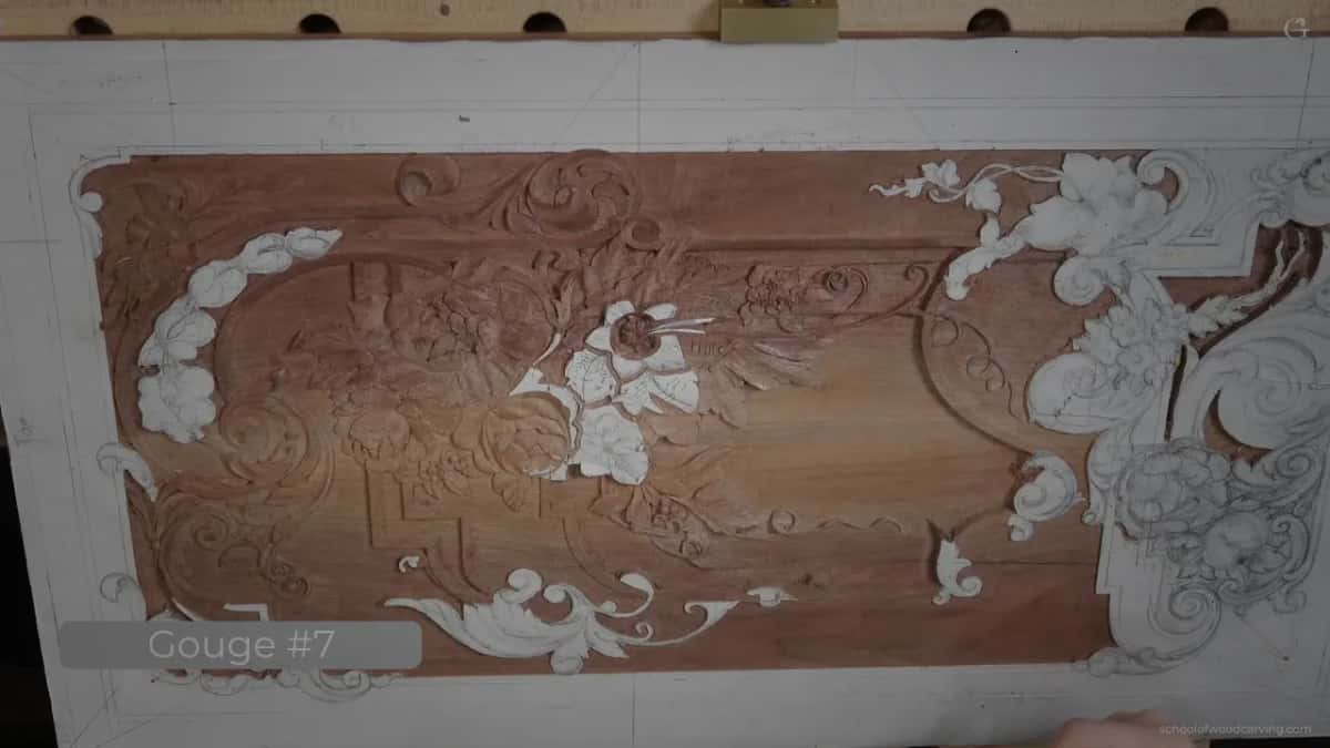 The whole walnut panel from above, with the Gouge #7 card along the bottom of the screen