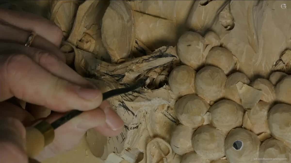 Gouge in the hand at a stem beside the grapes