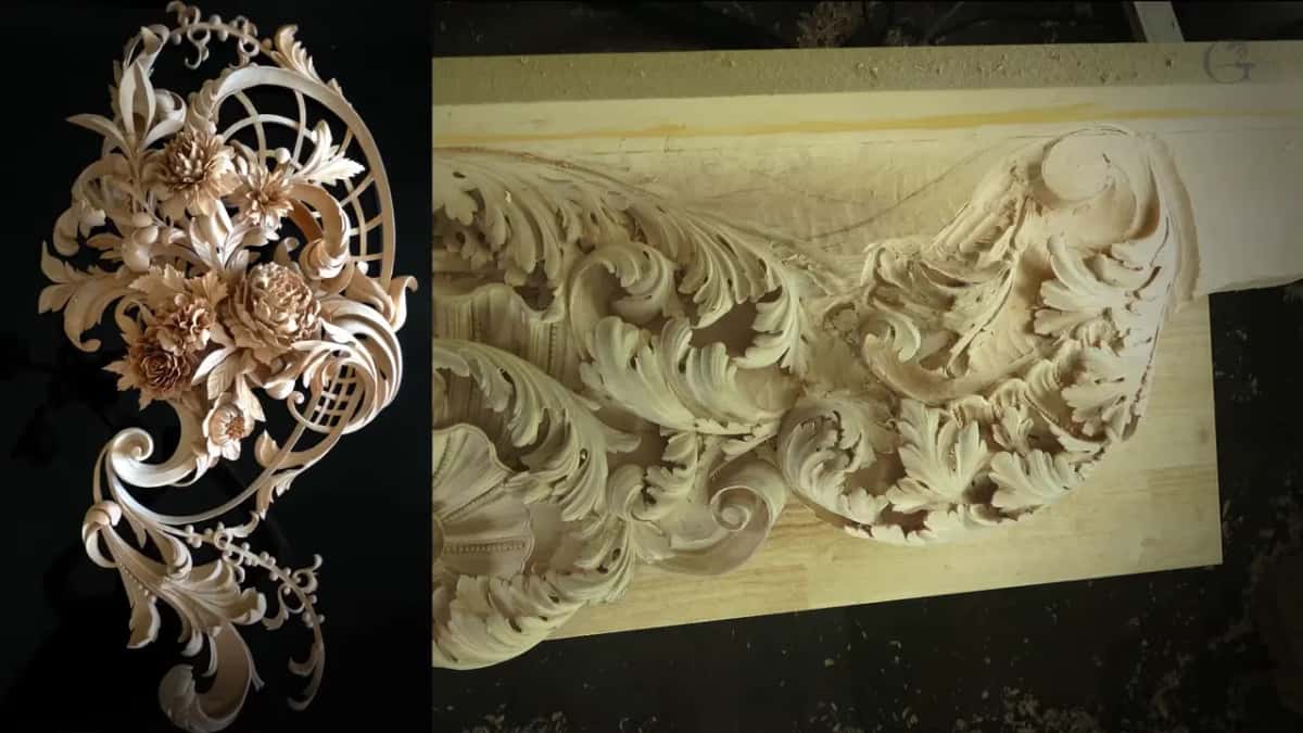 Side by side, a pierced bouquet with a lattice on black and a long acanthus frieze on a pale board.