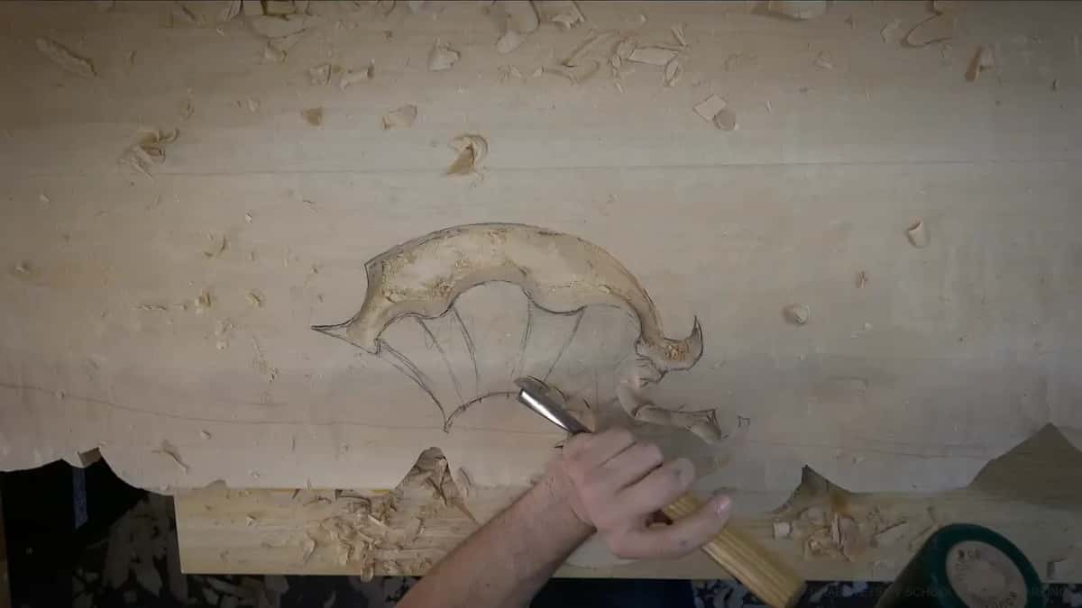 Drawn shell outline, gouge set on it